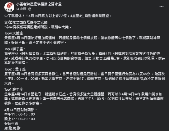 小孟老師曝光幸運的星座與生肖。(翻攝自小孟老師臉書)