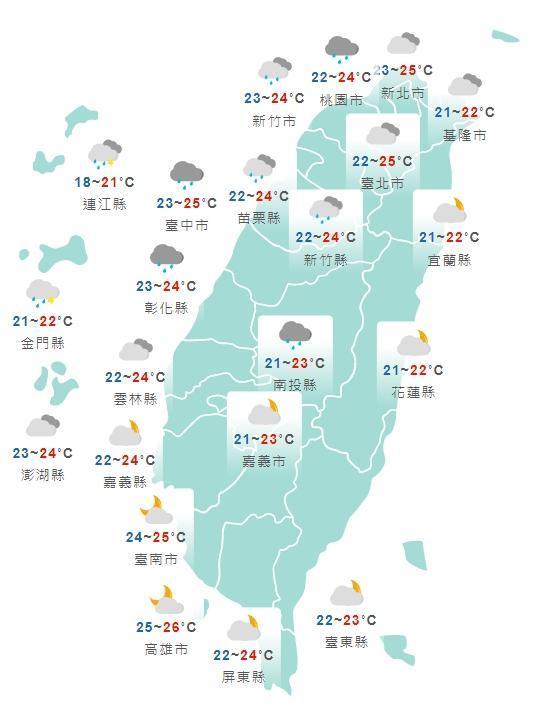 中央氣象局預測全台各地白天天氣狀況。（中央氣象局提供）