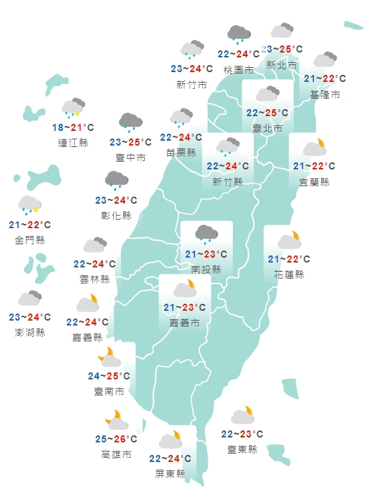 中央氣象局預測全台各地白天天氣狀況。（中央氣象局提供）