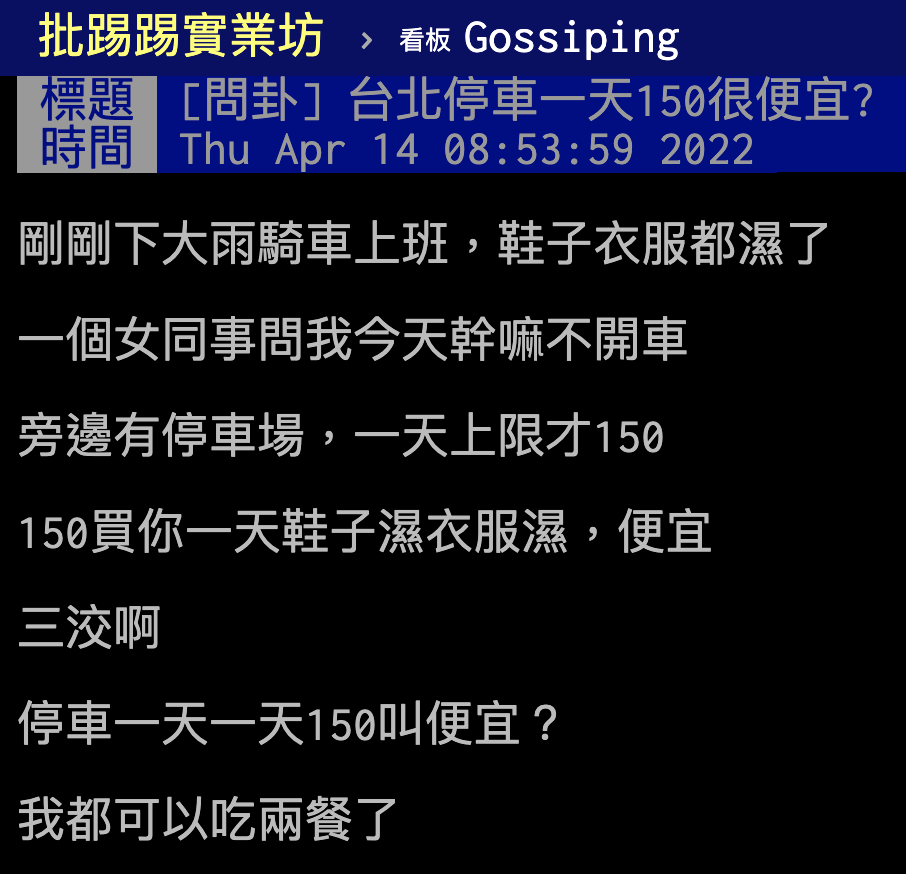 一名網友認為150元他都可以吃2餐了,停車一天這個價錢叫便宜嗎?(翻攝自PTT)