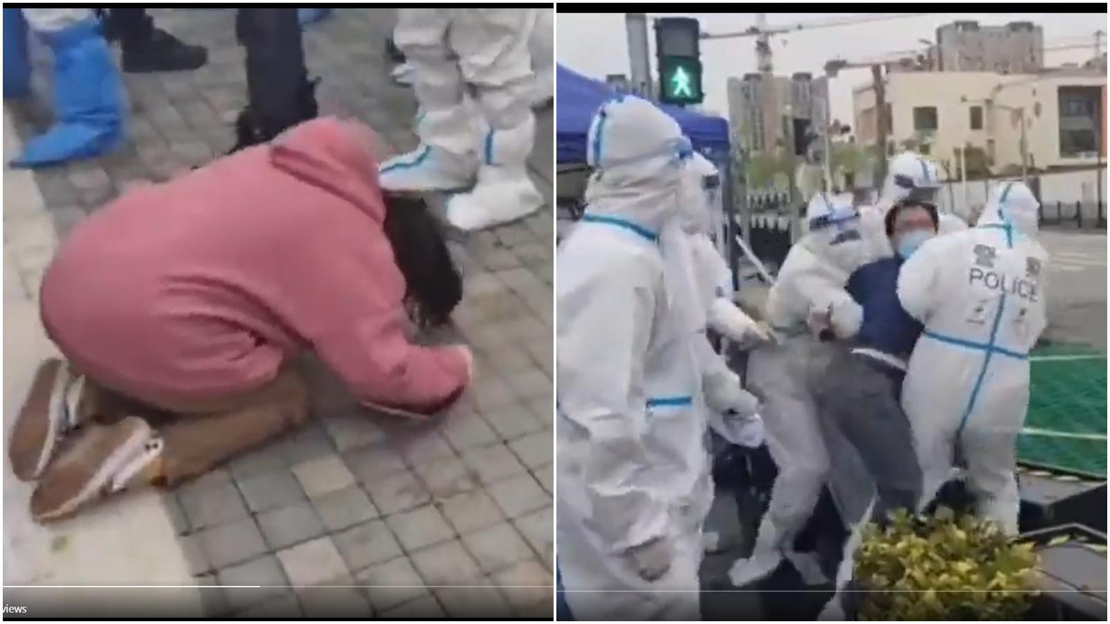 上海爆發兩起警民衝突，民眾遭到中國警察暴力壓制、驅離，即使下跪磕頭哀求也遭到忽視。（翻攝自推特）