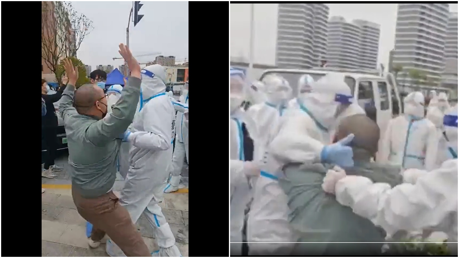 中國上海政府出動大批警力,暴力驅趕抗議的民眾,畫面都被其他人拍下,在推特上瘋傳。(翻攝自推特)