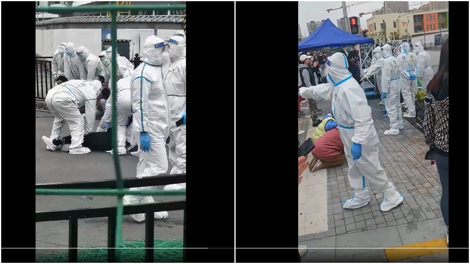 有民眾拍到，數名中國警察將長者強壓在地板上。（翻攝自推特）