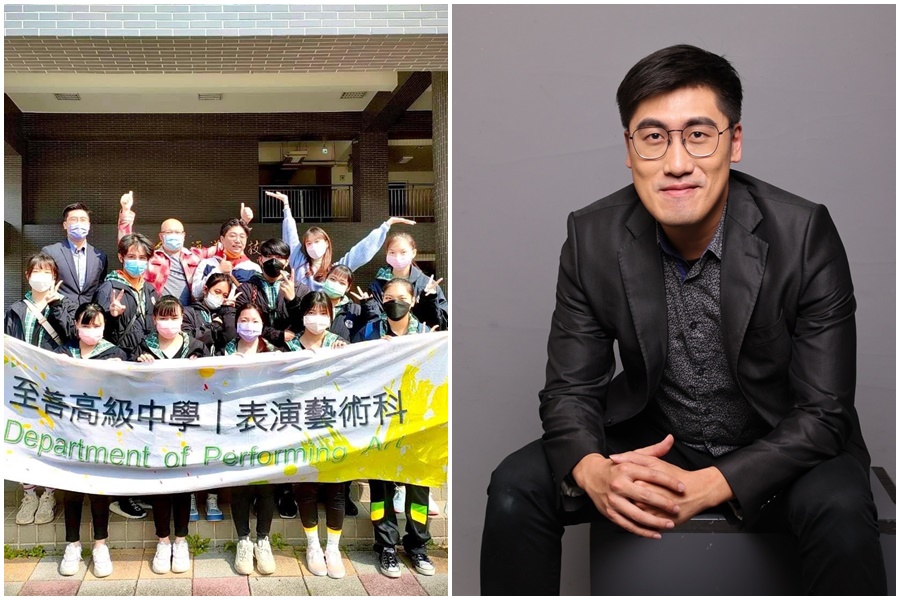 劉亮佐(左圖後排左二)帶至善高中學生逛校園,並與台北海大林威克處長(右圖)一同安排學生看舞台劇。(劉亮佐臉書、台北海大提供)