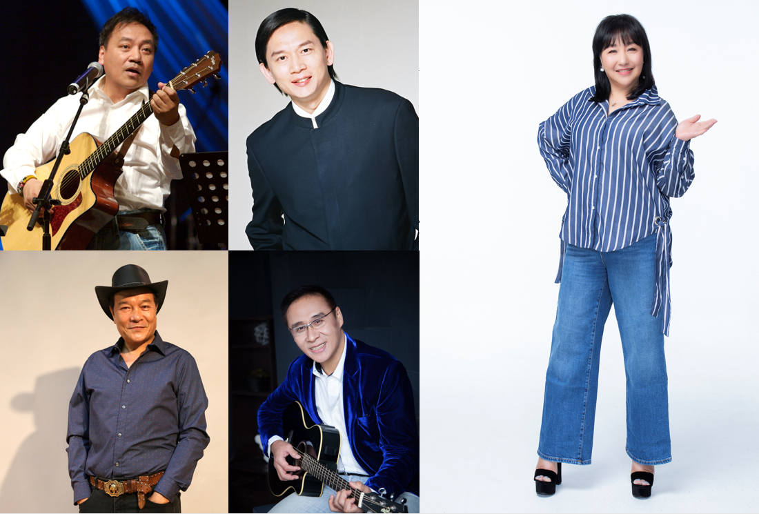 民歌4王1后施孝榮（左上）、殷正洋（中上）、李明德（左下）、王瑞瑜（中下）、鄭怡（右）等將在池上大坡池畔用歌聲帶大家重溫當年的美好時光。（台東縣池上鄉文化藝術協會提供）