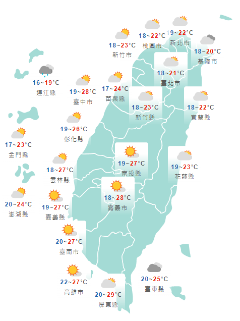 中央氣象局預測全台各地白天天氣狀況。（中央氣象局提供）