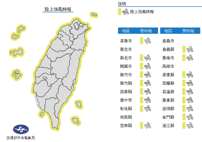 中央氣象局發布陸上強風特報。（中央氣象局提供）