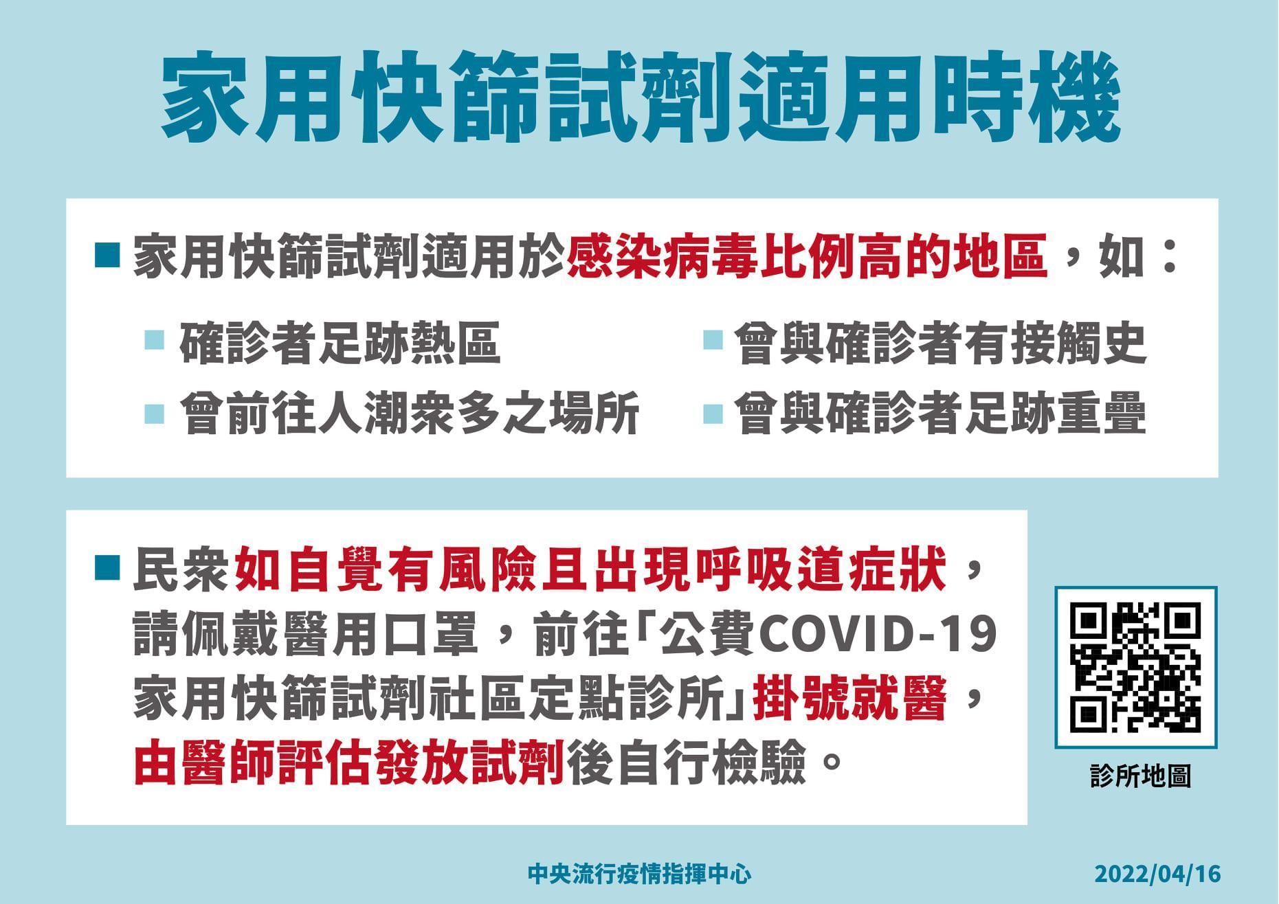 指揮中心說明居家快篩適用時間。(指揮中心提供)