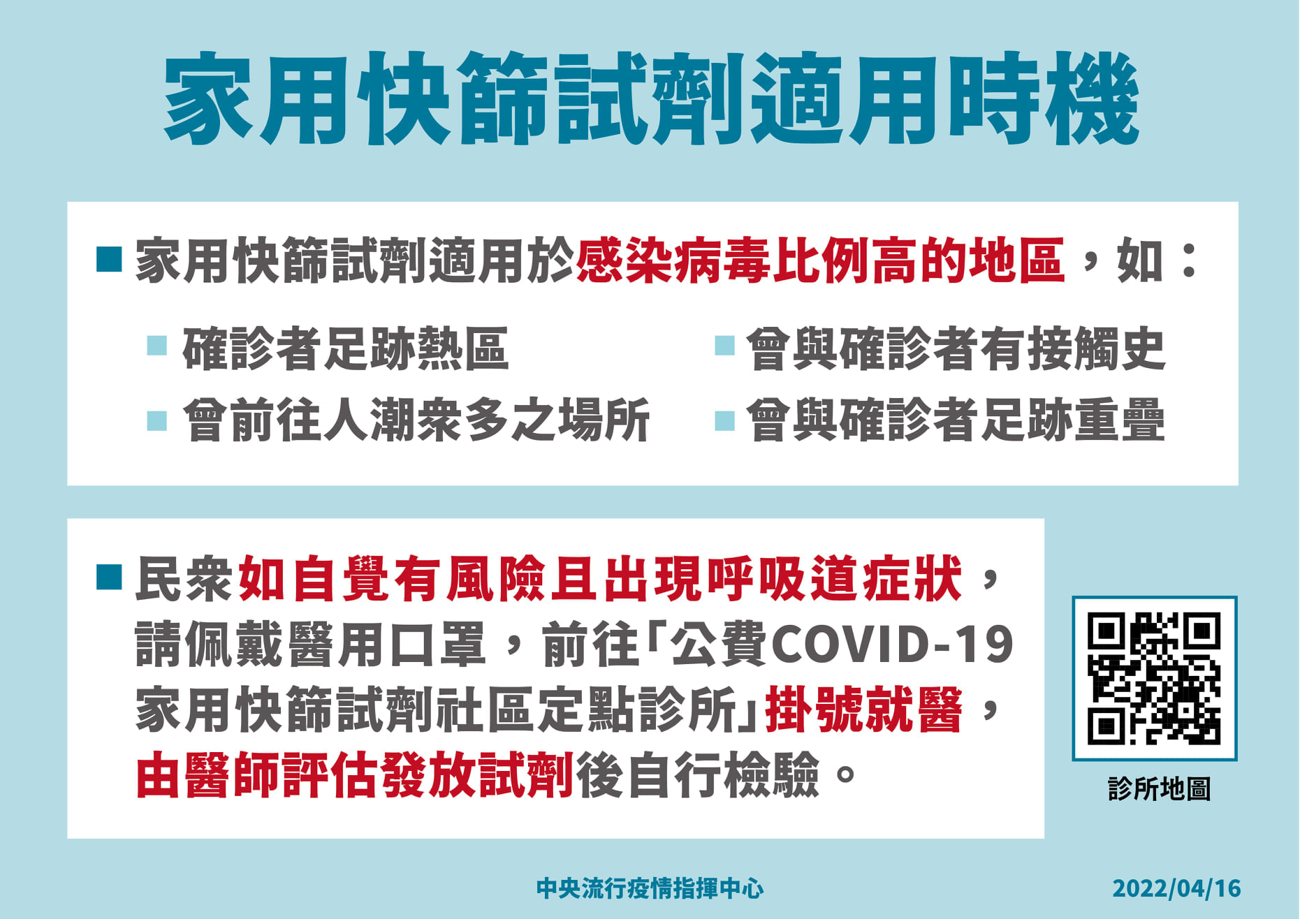 指揮中心說明居家快篩適用時間。（指揮中心提供）