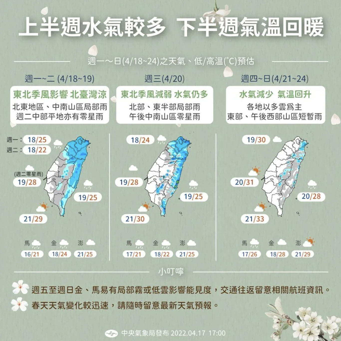 未來一週上半週水氣較多,下半週氣溫回暖。(中央氣象局提供)