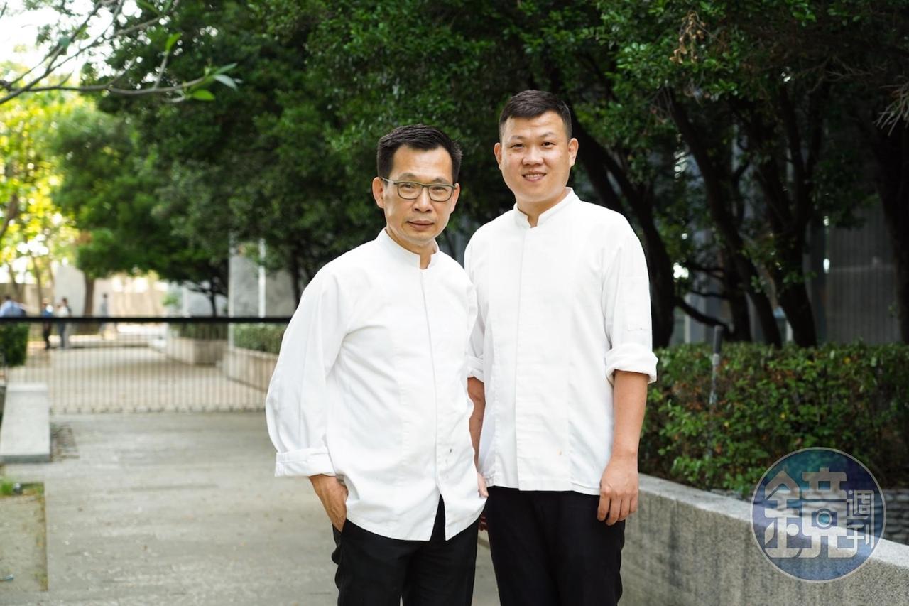 法餐大廚簡天才（左）和集團裡旗艦品牌的法式餐廳「Thomas Chien Restaurant」駐店主廚邱泓訓（右），兩人共同歷經多場重大的米其林餐會，默契十足。