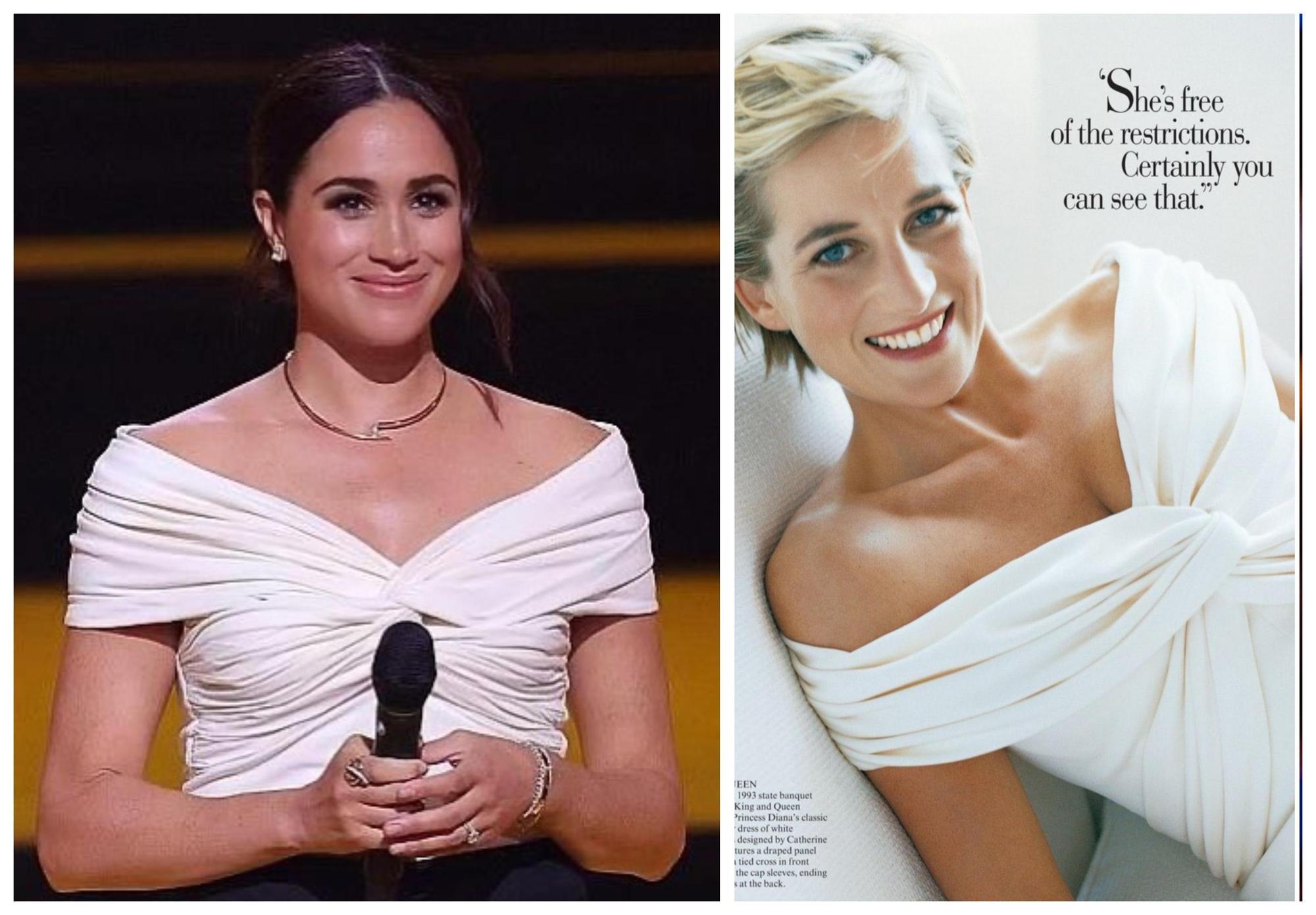 梅根的衣著明顯在和黛妃致敬。(翻攝SussexPrincess推特、網路照片)