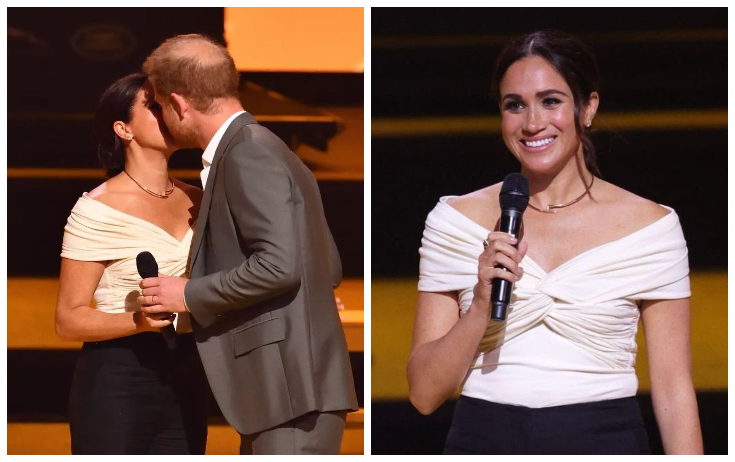 哈利王子與梅根到荷蘭出席「永不屈服」運動會，在台上親吻。（翻攝SussexPrincess推特）