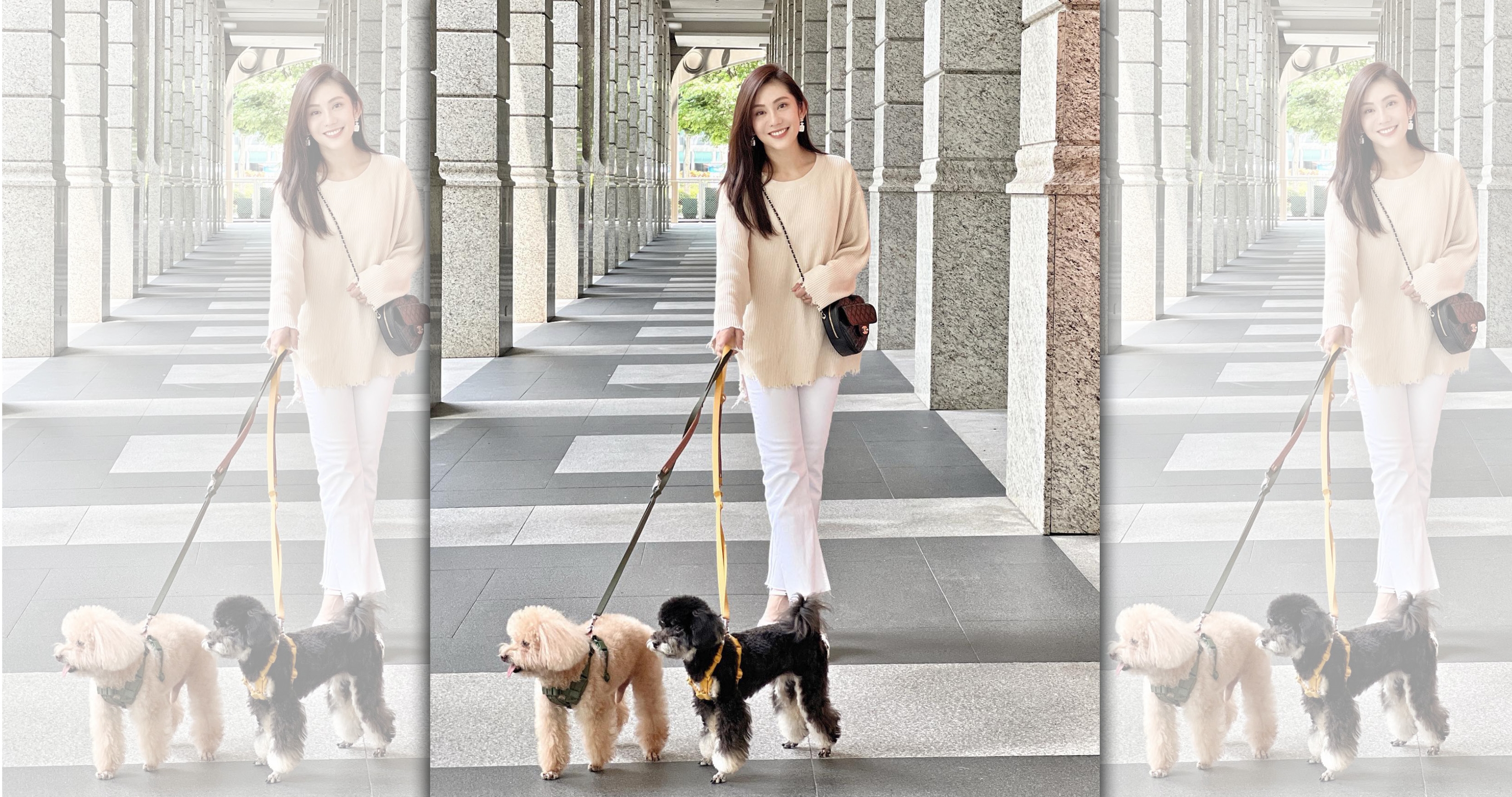 王宇婕遛狗時顯得開心幸福,個性天兵的她特別鍾愛貴賓狗。(王宇婕提供)