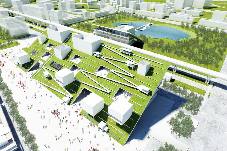 桃園市立美術館獨特的斜坡設計，為桃園增添一筆自然藝術的文化氣息。