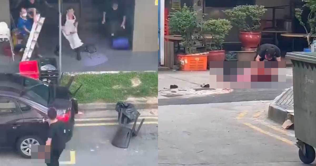 新加坡一間火鍋店日前發生砍人案，店內員工紛紛朝犯人丟躑物品救人。（翻攝畫面）