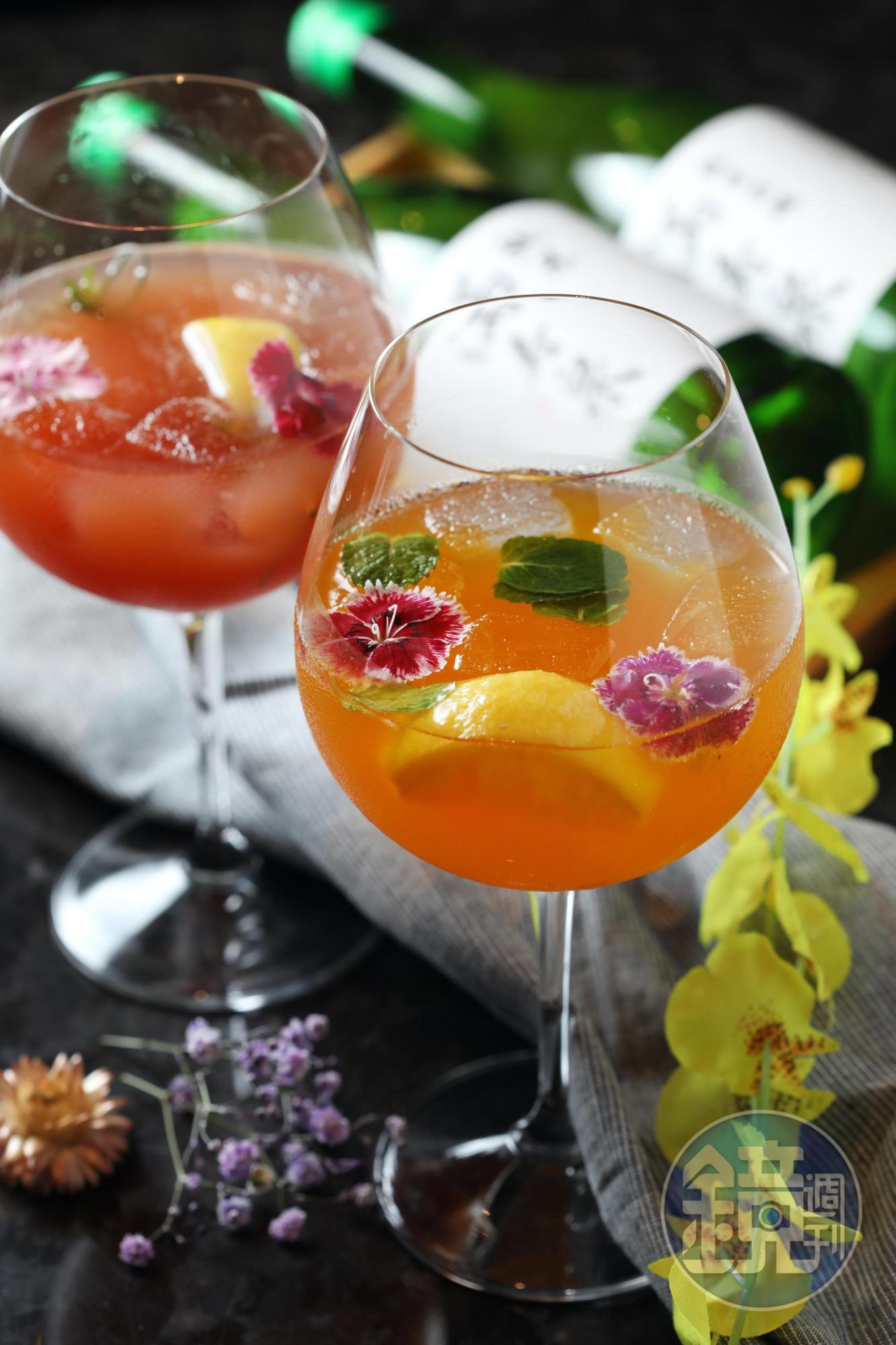 清酒調酒「雷夢戀情」（前）及「熱情夏之果」（後），果香豐沛，酸甜順口。（皆180元／杯）