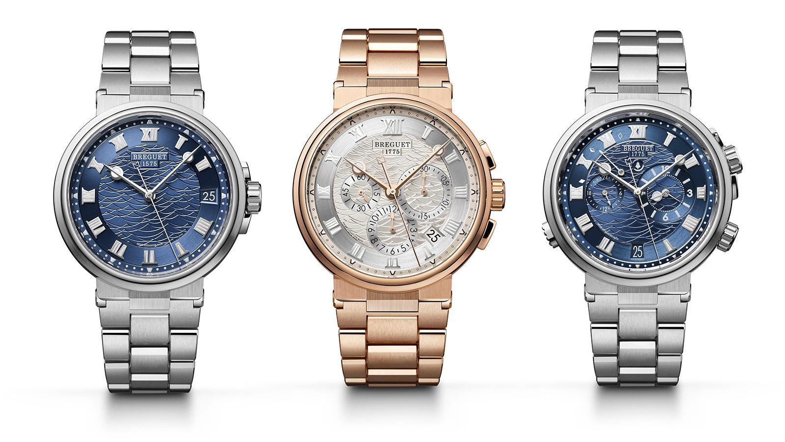 （左起）Marine 5517大三針日期腕錶，參考售價NT$ 1,582,000； Chronographe 5527計時碼錶，參考售價NT$ 1,817,000；Alarme Musicale 5547兩地時間鬧鈴腕錶，參考售價NT$ 1,946,000