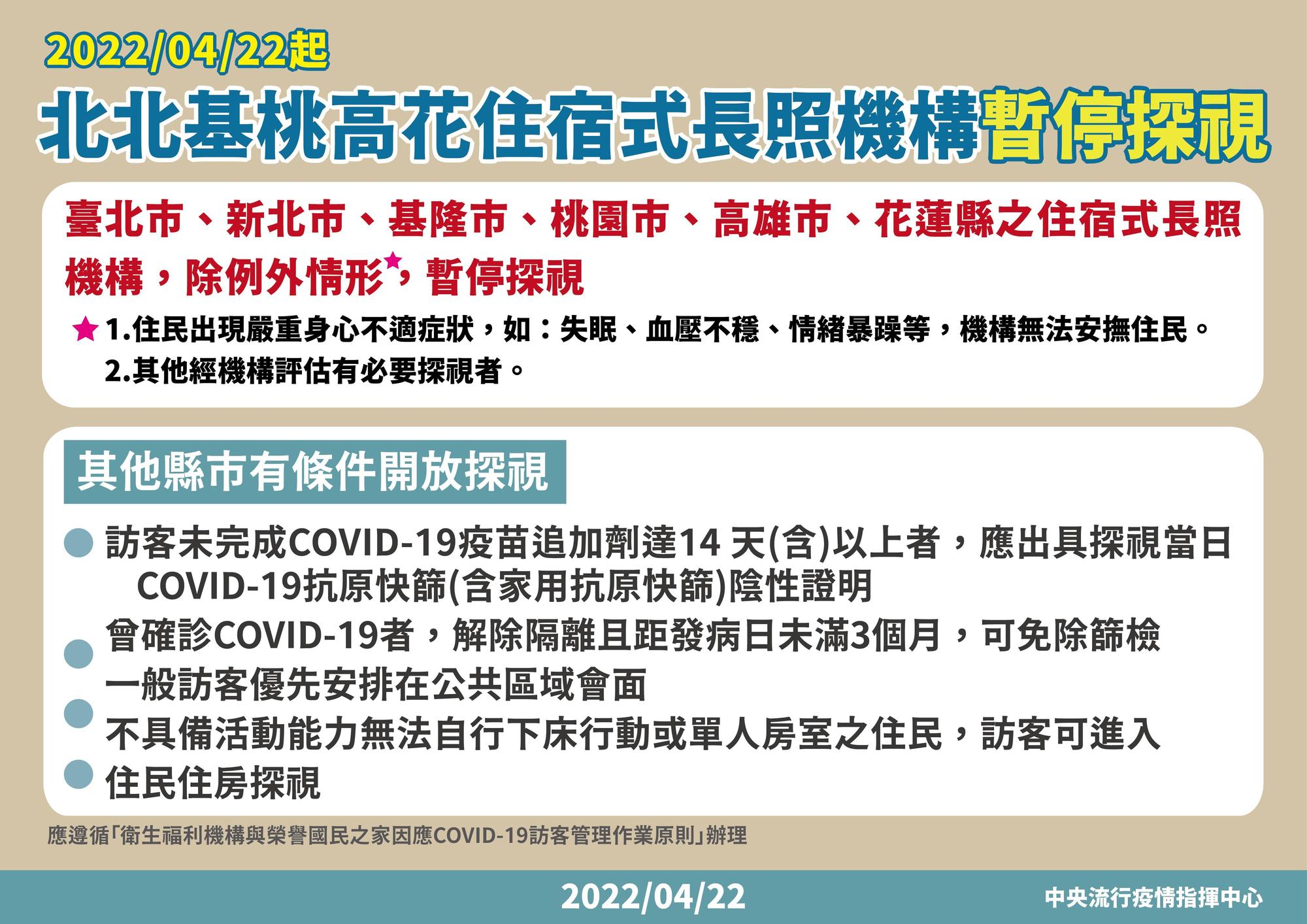 指揮中心也暫緩高風險縣市住宿式長照機構探視。（指揮中心提供）