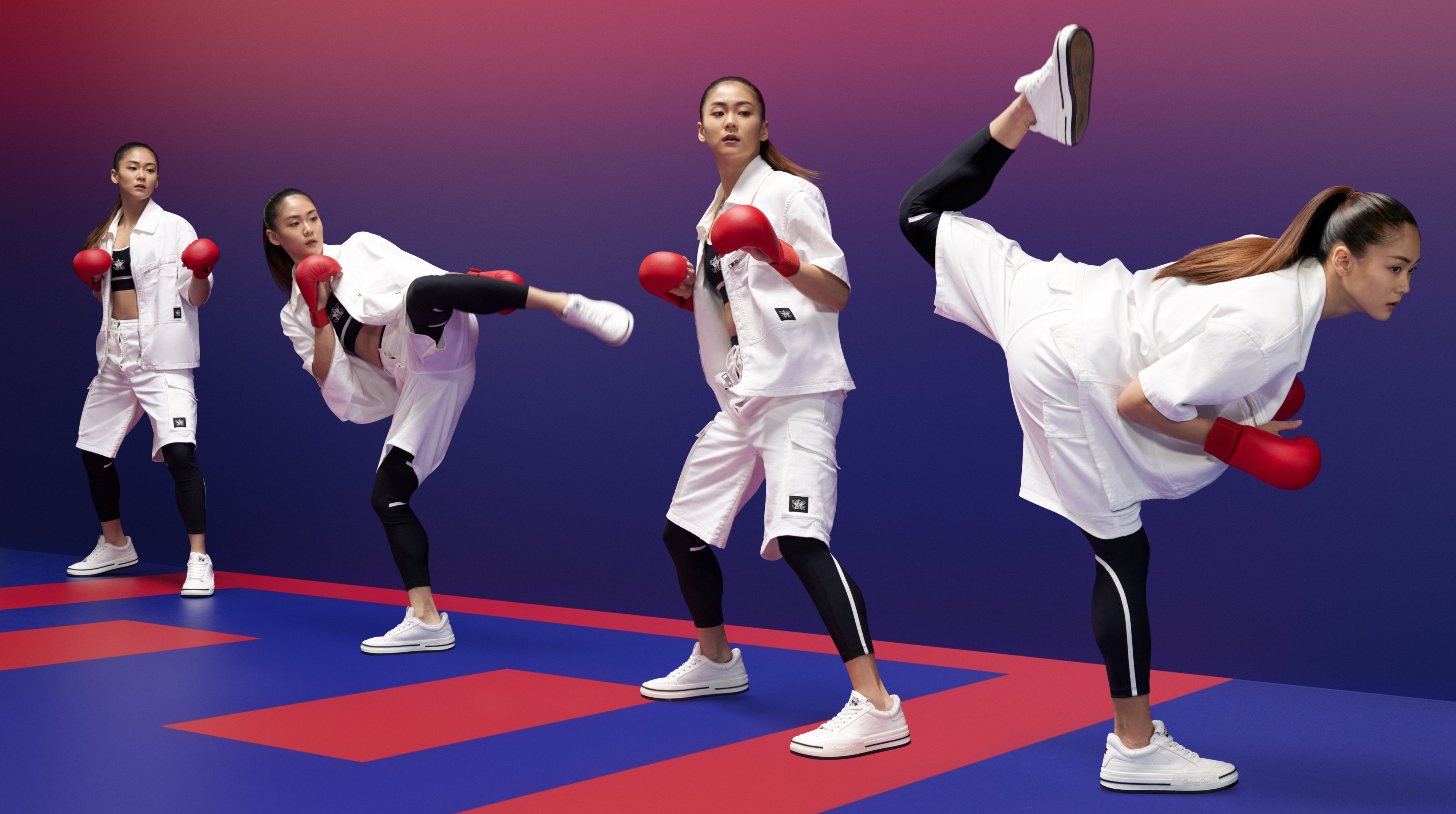 Dior找來奧運空手道女將文姿云，穿上最新的Vibe系列示範蠍子踢。（Dior提供）