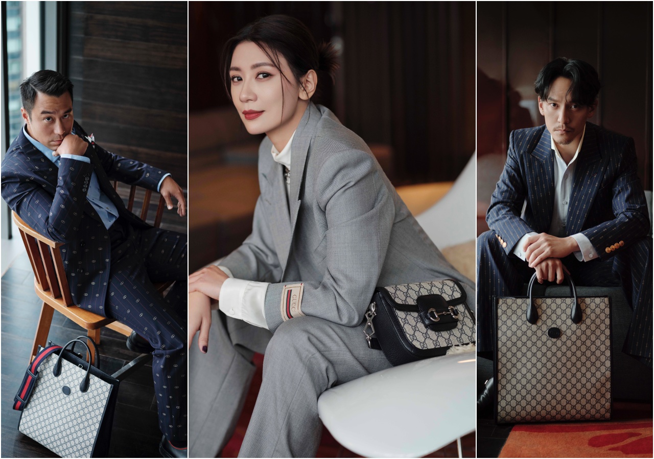 張孝全（左起）、賈靜雯、張震，分別以不同的氣質詮釋GUCCI Love Parade系列午夜藍GG帆布商品。（合成照片）