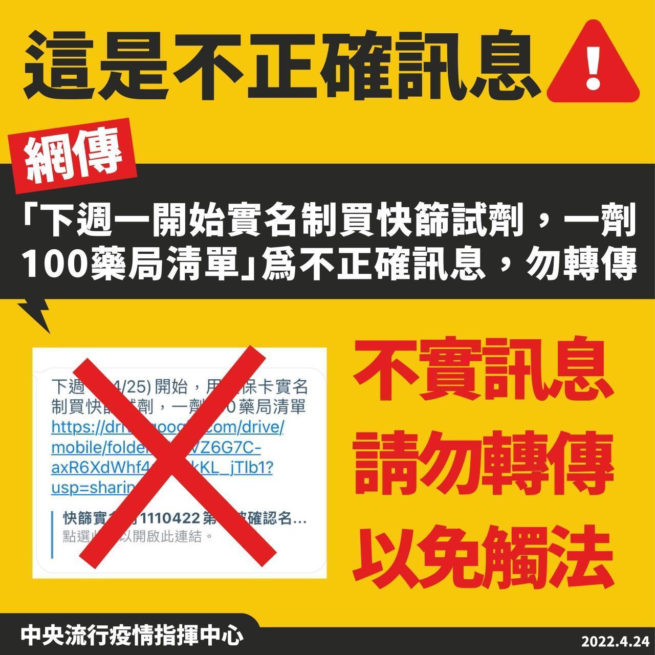 指揮中心特別澄清「下週一(4/25)開始,用健保卡實名制買快篩試劑,一劑100藥局清單」為假消息。(指揮中心提供)
