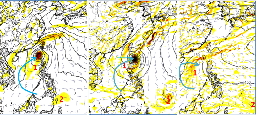 最新歐（左圖）、美（中圖）、加（右圖）模式，模擬3日20時850百帕渦度圖顯示，在南海有「熱帶擾動」發展，並皆有向東北緩慢迴轉（淺藍線）的趨勢。在菲律賓東方海域則另有1個「熱帶擾動」發展。（翻攝自三立準氣象•老大洩天機專欄，圖擷自tropical tidbits）