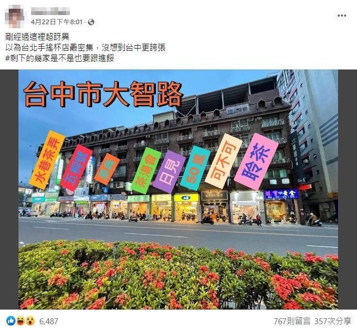 台中大智路上一排商家12家中就有8家是手搖杯店。(翻攝自臉書社團:爆廢公社公開版)