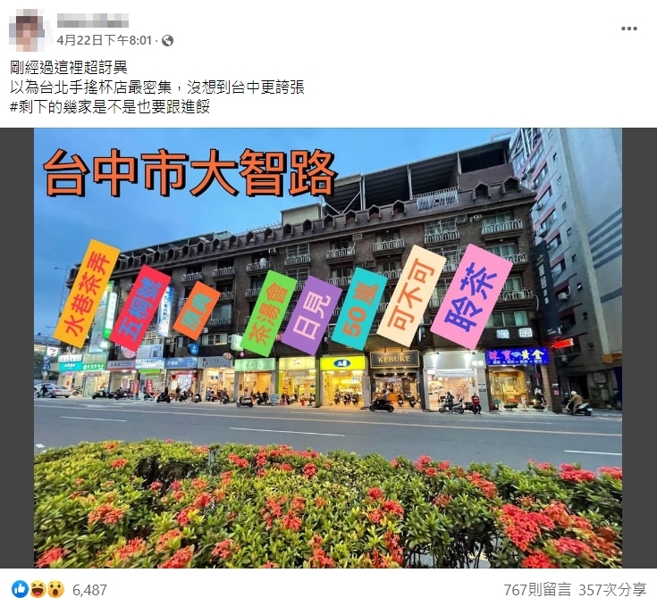 台中大智路上一排商家12家中就有8家是手搖杯店。（翻攝自臉書社團：爆廢公社公開版）
