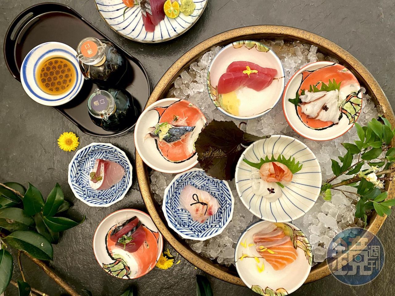 小份量的生魚片擺盤,如同懷石料理盤雅緻。
