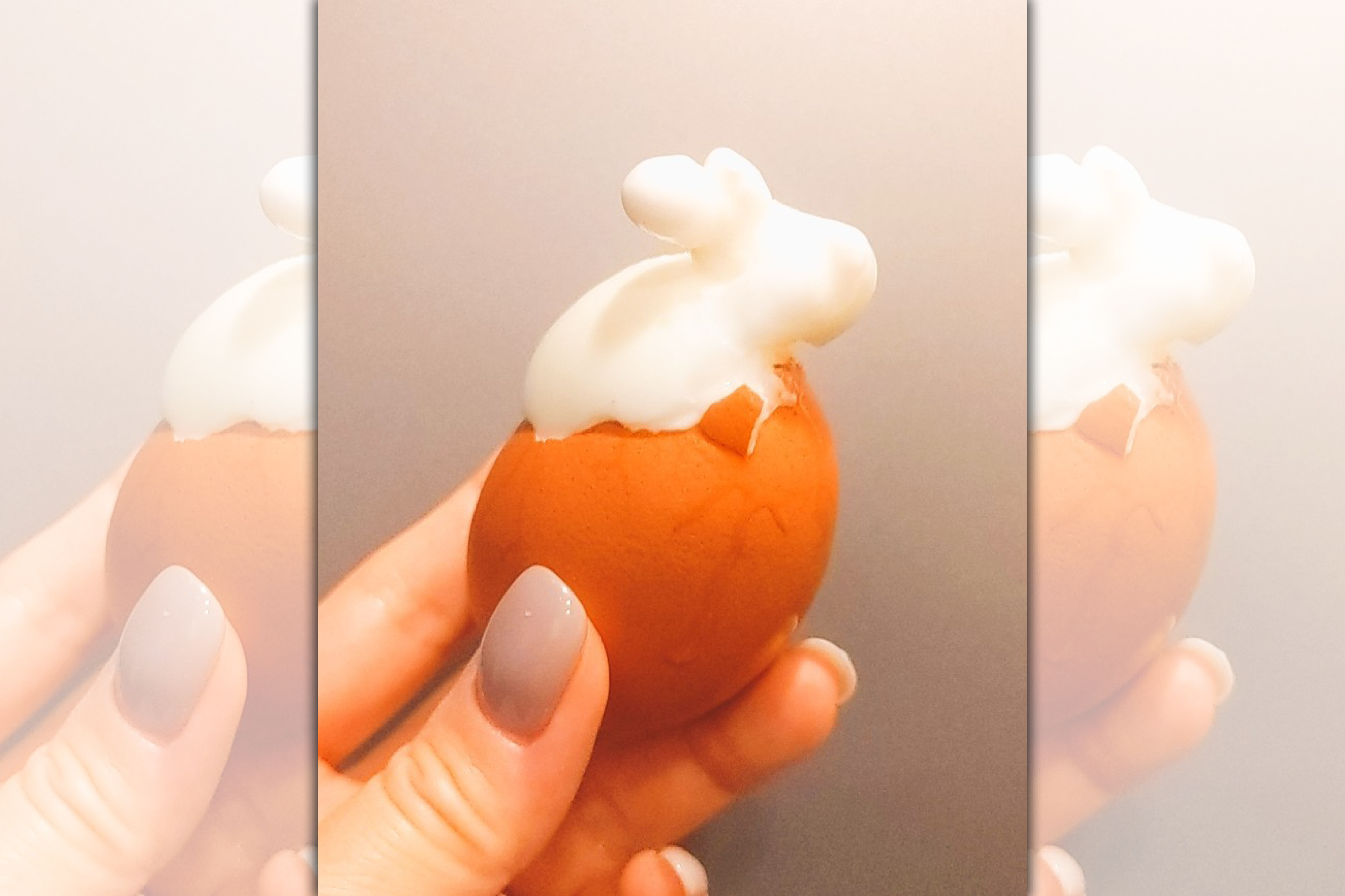 一名日本網友分享水煮蛋蹦出一隻「小白兔」，吸引網友轉傳熱議。（翻攝自推特@sato04011223）