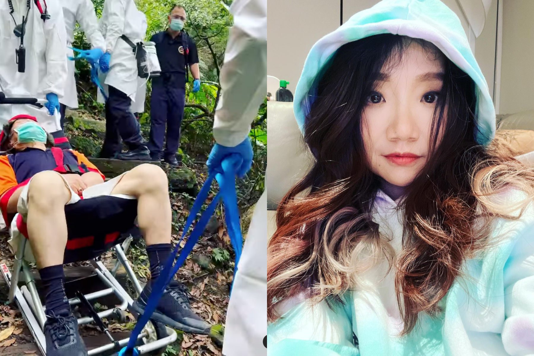 陶晶瑩（右）今在IG上PO出有山友體力不支被救援人員抬下山的影片（左圖），沒想到卻引來大批網友批評。（翻攝自陶晶瑩IG）