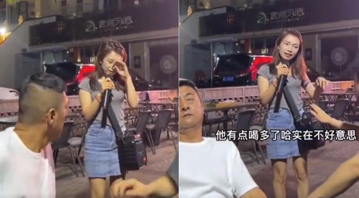 女子遭潑酒後，另一名男子出面打圓場，請她唱首歌。影片引發熱議，不料被爆出原來3個人都只是在演戲。（翻攝自微博）