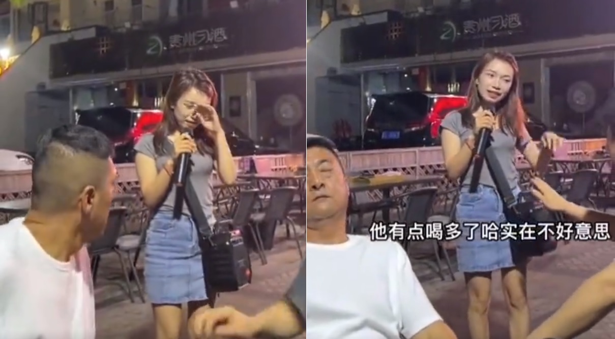 女子遭潑酒後,另一名男子出面打圓場,請她唱首歌。影片引發熱議,不料被爆出原來3個人都只是在演戲。(翻攝自微博)