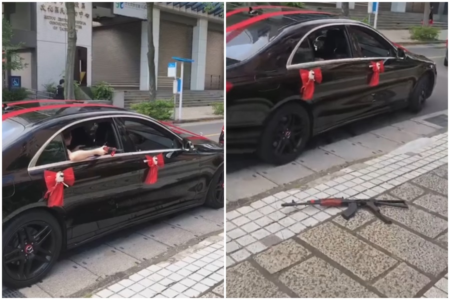 一名網友分享，老婆在迎娶時丟出AK-47，引起熱議。（翻攝自爆廢公社二館）