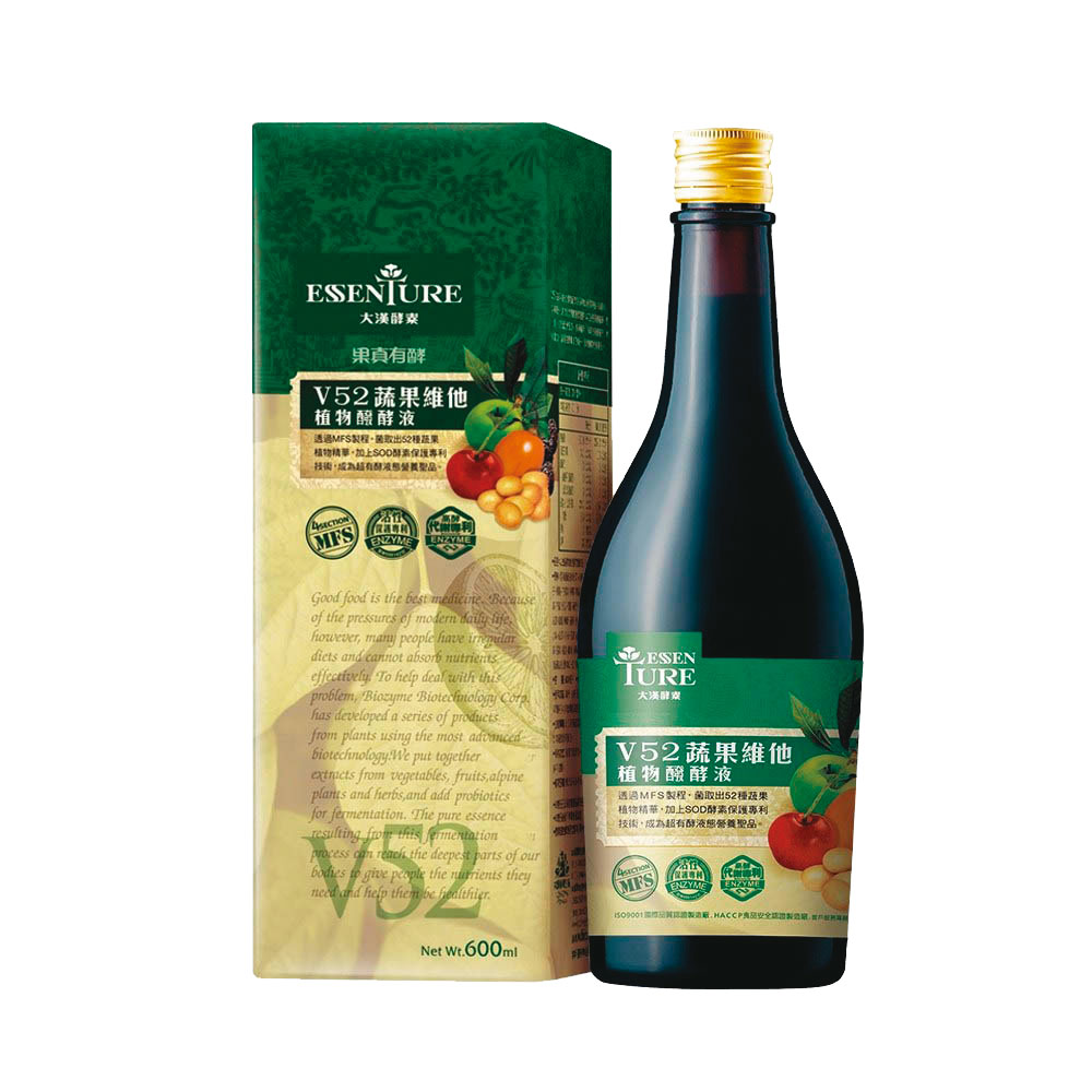 使用52種蔬果原料的V52蔬果維他，是大漢酵素生技最經典產品，41年來從未改過配方。（600ml／1,280元）