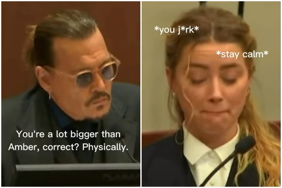 強尼戴普以幽默的方式回答律師問題,逗得在旁的安柏赫德憋笑。(翻攝自Jemarpa YouTube頻道)