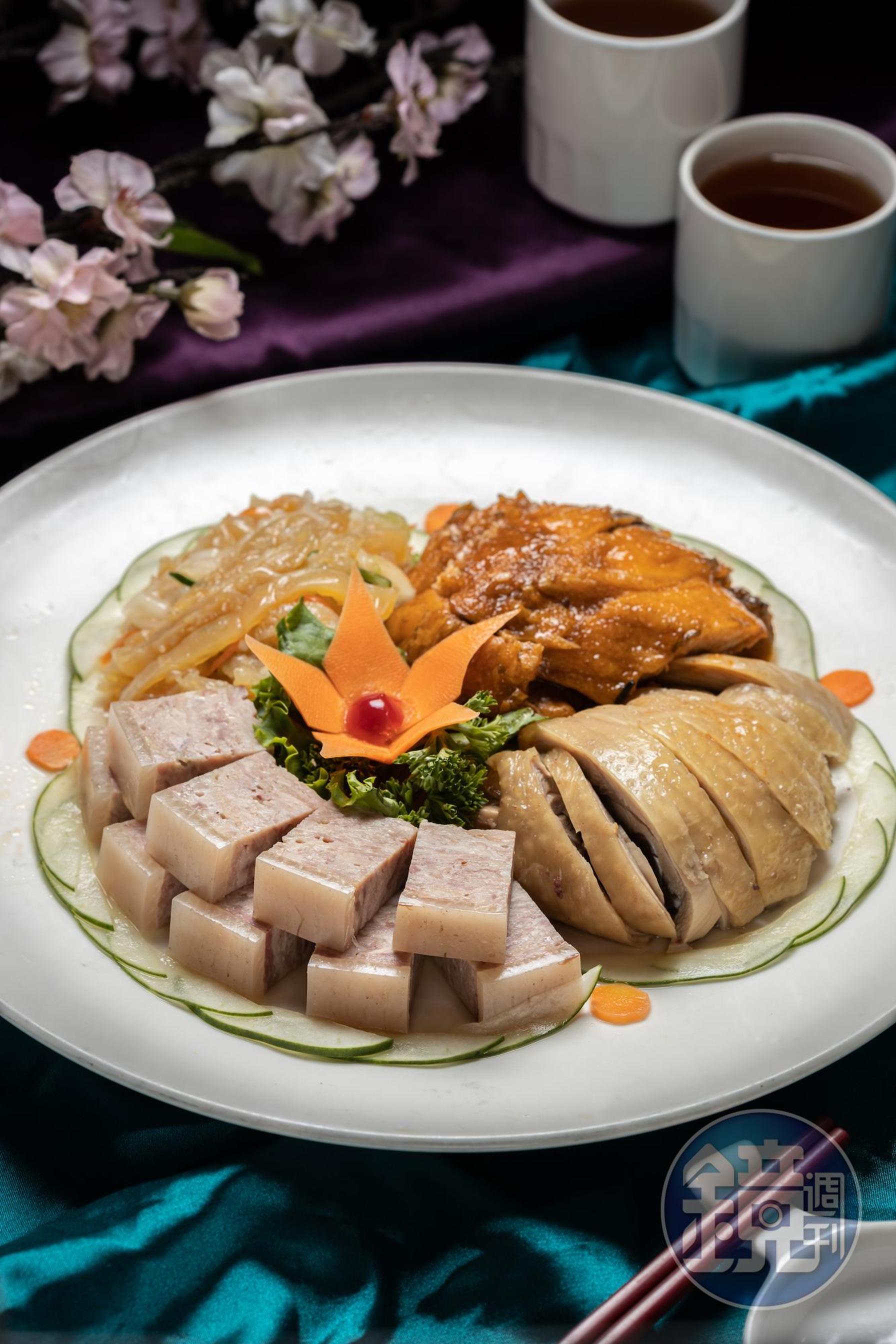「冷盤四拼」能一次嘗到「肴肉」「醉雞」「燻魚」「海蜇皮」等功夫冷菜。（670元／份）