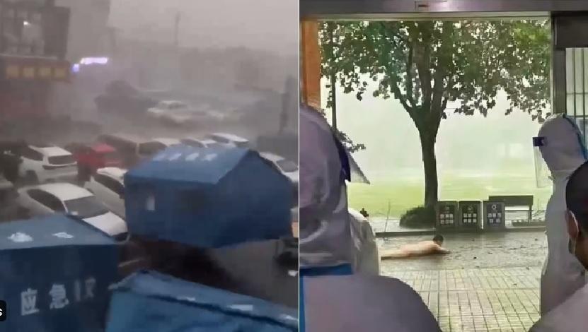 上海狂風暴雨,有方艙醫院帳棚被吹走,還傳出有男子因為淋浴間被吹走只得無助地趴在地上。(翻攝自推特)