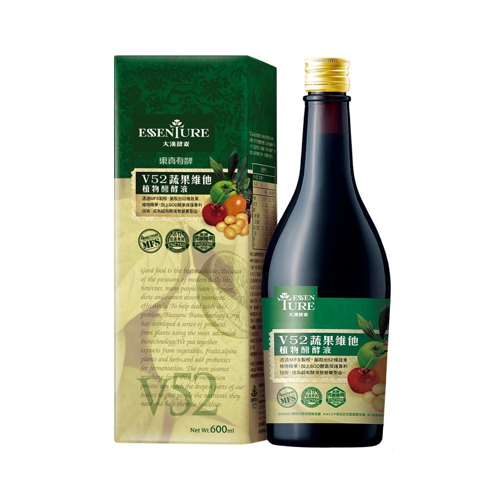 用52種蔬果原料的V52蔬果維他，是大漢酵素生技最經典產品，41年來從未改過配方。（600ml／1,280元）