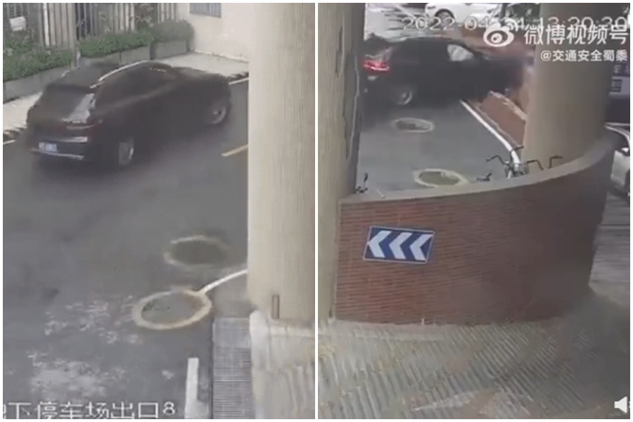 一台保時捷要離開停車場，轉彎後疑似把油門當成煞車踩，車輛突然暴衝直接撞破圍牆。（翻攝微博）