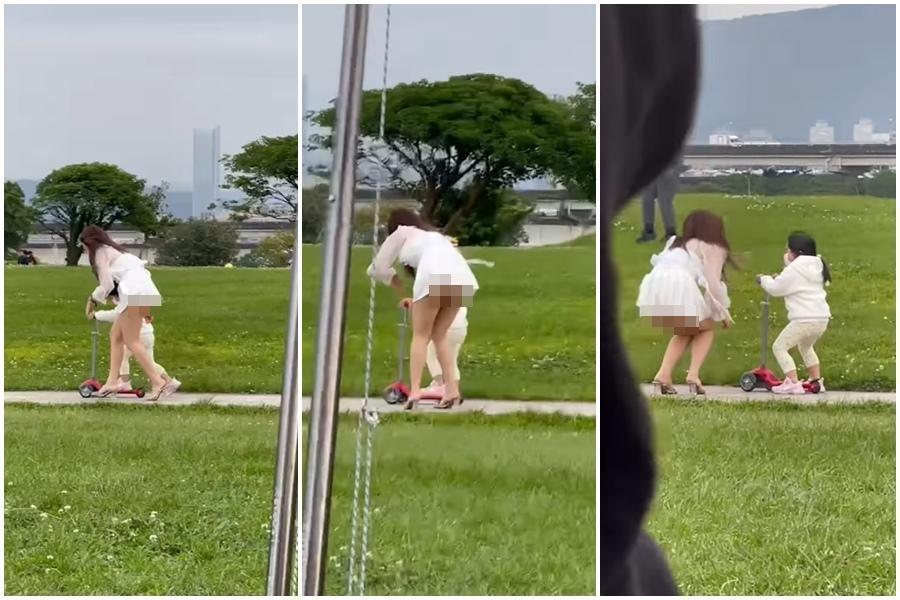 女子的裙擺不時被風吹起，整個屁股蛋露出來見人。（翻攝自爆廢公社公開版）