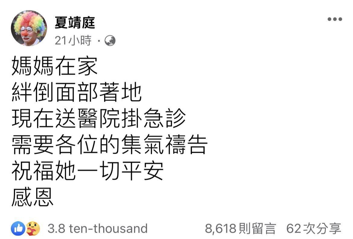 夏靖庭因母親跌到,發文希望朋友幫忙集氣。(翻攝自夏靖庭臉書)