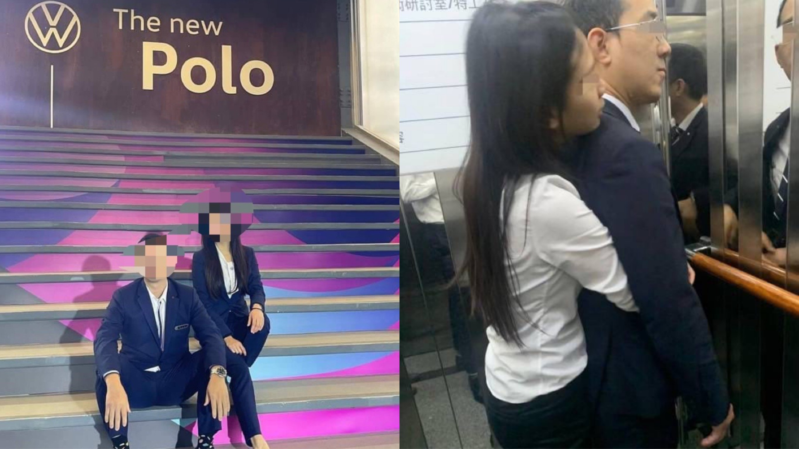 郭女不顧旁人眼光，在電梯內從背後環抱周男，引起討論。（讀者提供）