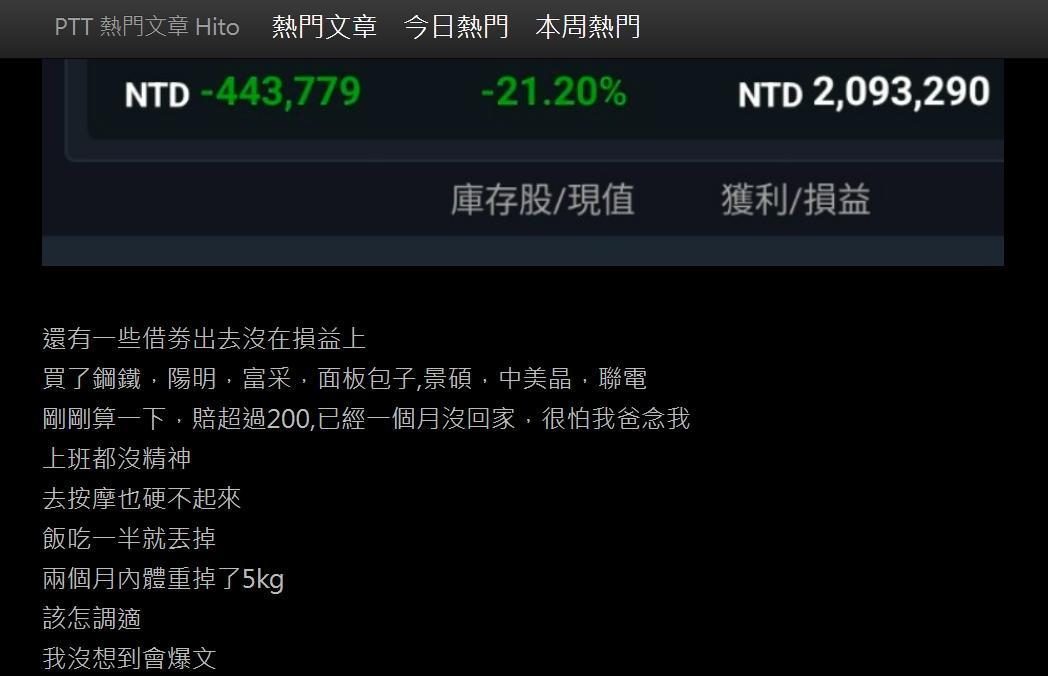 一名網友抱怨自己股市大賠，卻被其他鄉民認為是在反串。（翻攝自PTT）