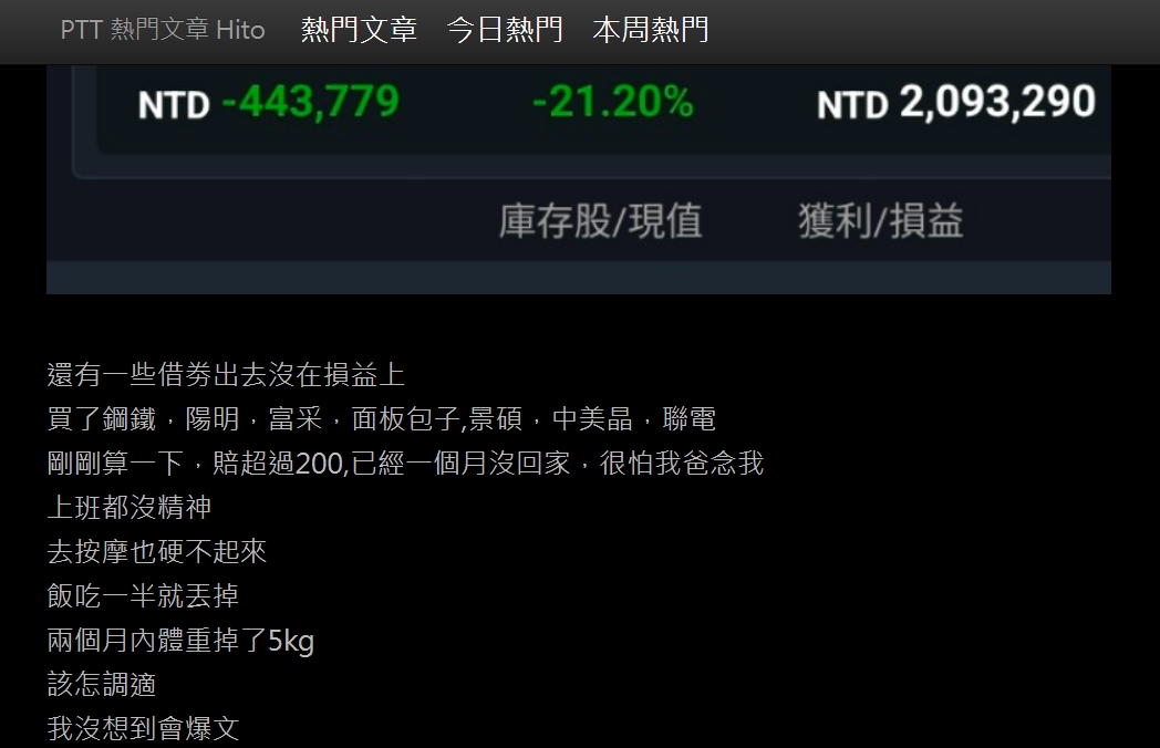 一名網友抱怨自己股市大賠,卻被其他鄉民認為是在反串。(翻攝自PTT)