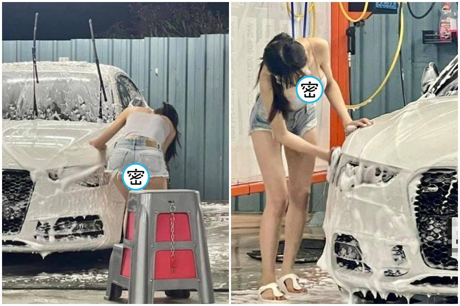 網友洗車驚見正妹洗車。（翻攝自爆廢公社公開版）