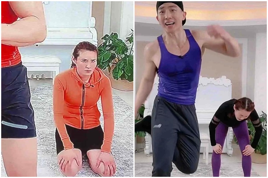 劉畊宏老婆王婉霏在直播時的疲態被製成表情包，讓網友笑翻。（翻攝自臉書爆廢公社二館）