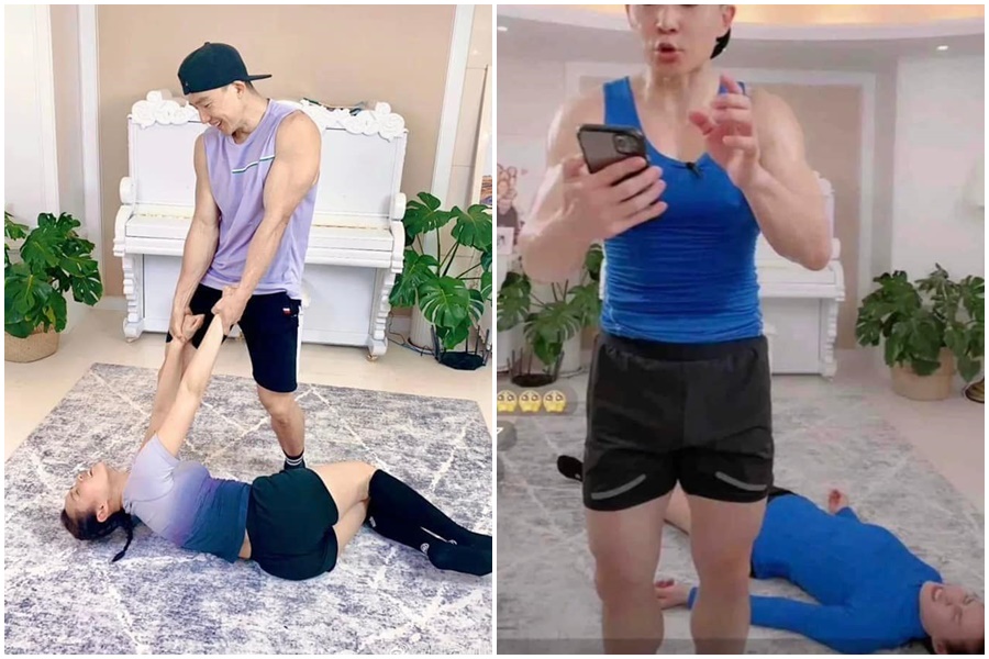 劉畊宏老婆王婉霏在直播時的疲態被製成表情包，讓網友笑翻。（翻攝自臉書爆廢公社二館）
