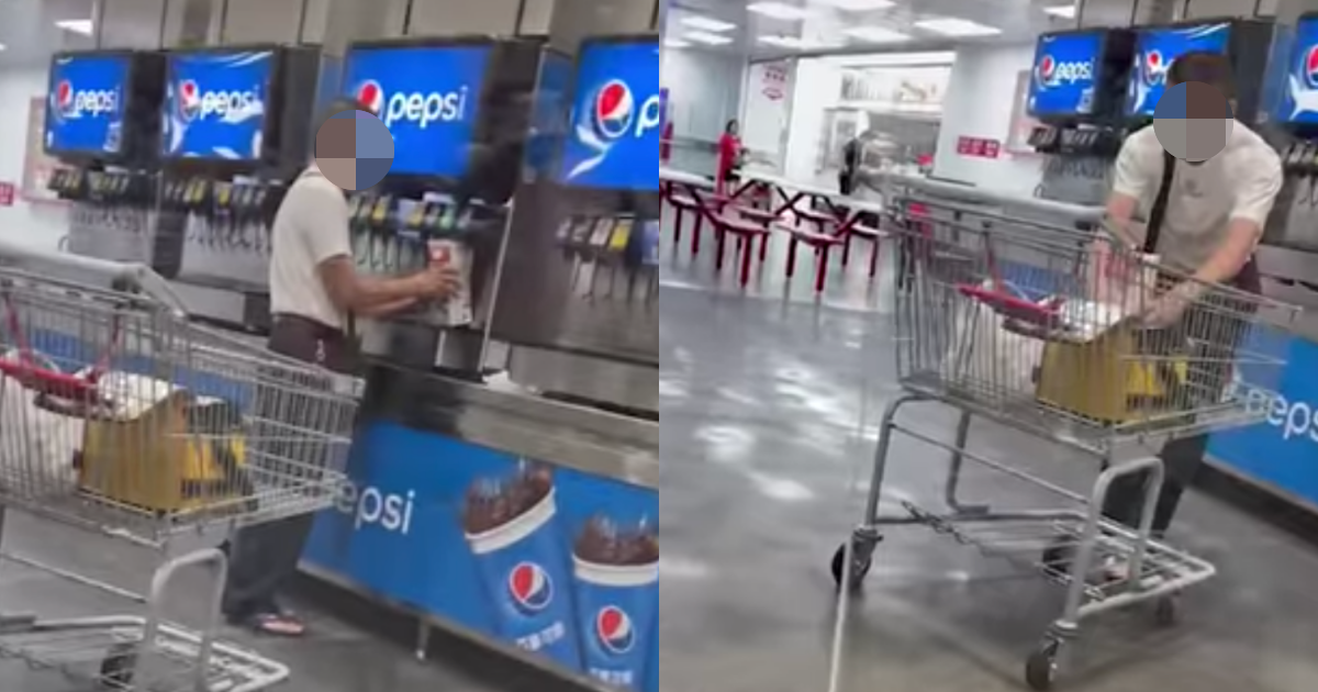 一名阿伯拿近2公升的鮮奶罐裝可樂，掀起兩極論戰。（翻攝自爆料公社二社臉書）